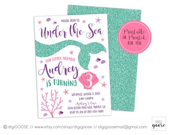 MERMAID INVITATIONS // Mermaid Birthday Invitation // Under the Sea Invitation // Mermaid Pool Party // Mermaid Party Sparkle // Glitter