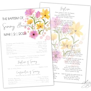 May include: A printable baptism and confirmation program with a floral design. The program includes the names "Sammy Hanson" and the date "MAR 2 2024". The program also includes the names of the officiants and the special musical number.