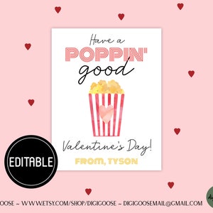 EDITABLE Popcorn Valentine Card / Valentine Printable for Kids / Popcorn Poppin' Valentine / School Valentine Cards for Kids / Friends