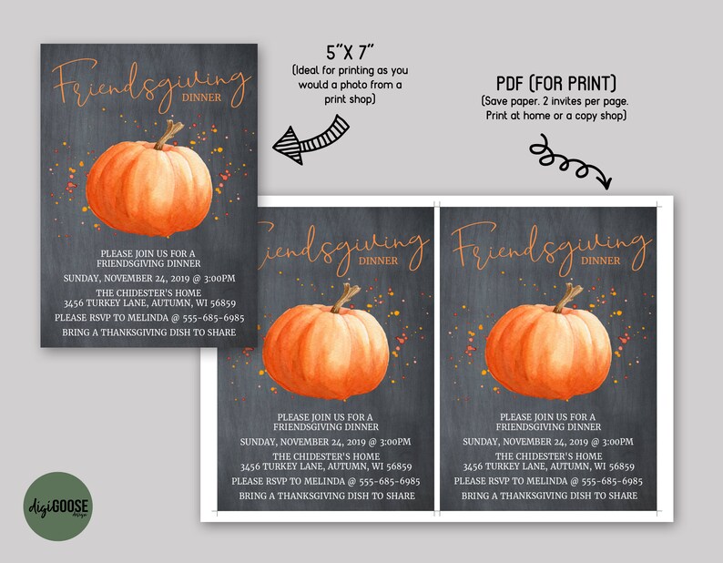 Puede incluir: Invitaci&oacute;n imprimible para una cena de Friendsgiving con una ilustraci&oacute;n de calabaza sobre un fondo de pizarra. La invitaci&oacute;n incluye la fecha, la hora, la ubicaci&oacute;n y la informaci&oacute;n de RSVP. Tambi&eacute;n solicita a los invitados que traigan un plato de Acci&oacute;n de Gracias para compartir.