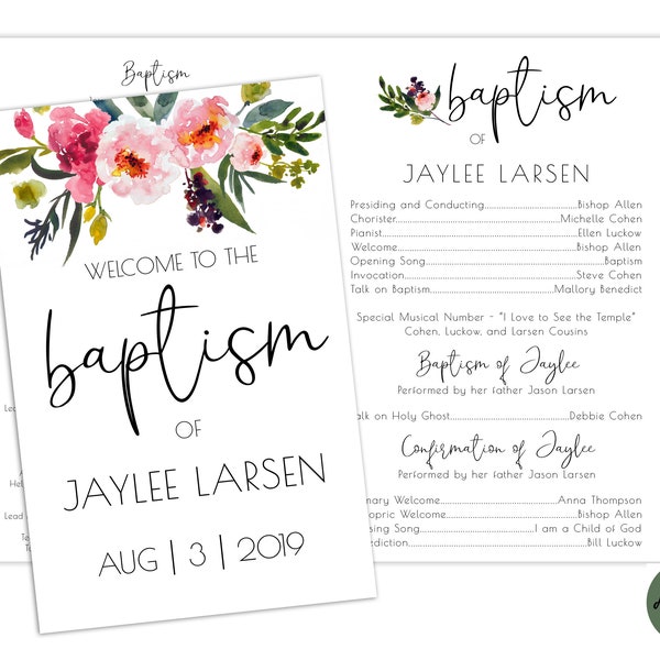 EDITABLE, LDS Baptism Program Template, Printable Baptism Program, Lds girl baptism, Lds baptism, DIY, Editable Template, Floral, watercolor