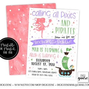24 HOURS or LESS, Personalized Pixies & Pirate Party Invitation, Watercolor Pirate and Pixie Printable, Sibling Birthday Invitation, Fairy