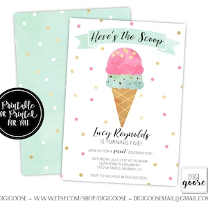 SAME DAY turnaround // Ice Cream Birthday Party Invitation // First Birthday Invitation // Pink Ice Cream invitation // Here's the scoop