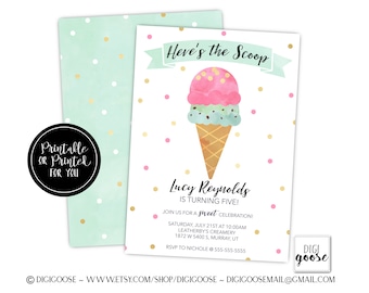 SAME DAY turnaround // Ice Cream Birthday Party Invitation // First Birthday Invitation // Pink Ice Cream invitation // Here's the scoop