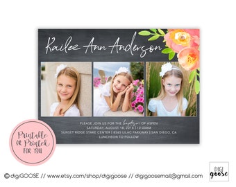SAME DAY // Baptism invitation // announcement // LDS baptism // Lds Girl Baptism // Personalized // Printable // Floral // 3 pictures