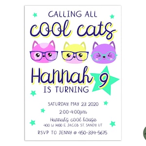 EDITABLE Cool Cat Instant download personalized cat and kitty birthday party invitation and tween invite Printable Invitation DIY Cat party