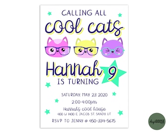 EDITABLE Cool Cat Instant download personalized cat and kitty birthday party invitation and tween invite Printable Invitation DIY Cat party
