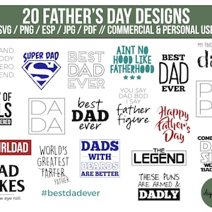Könnte beinhalten: Eine Sammlung von 20 Designs zum Vatertag mit verschiedenen Sprüchen und Illustrationen. Die Designs beinhalten "Super Papa", "Bester Papa der Welt", "Papa von Mädchen", "Papa-Witze", "Der Größte Furzer der Welt", "Väter mit Bärten sind besser", "Die Legende", "Komm auf die Papa-Seite", und mehr. Die Designs sind in Schwarz, Weiß, Rot, Blau und Grün.