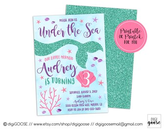 MERMAID INVITATIONS // Mermaid Birthday Invitation // Under the Sea Invitation // Mermaid Pool Party // Mermaid Party Sparkle // Glitter