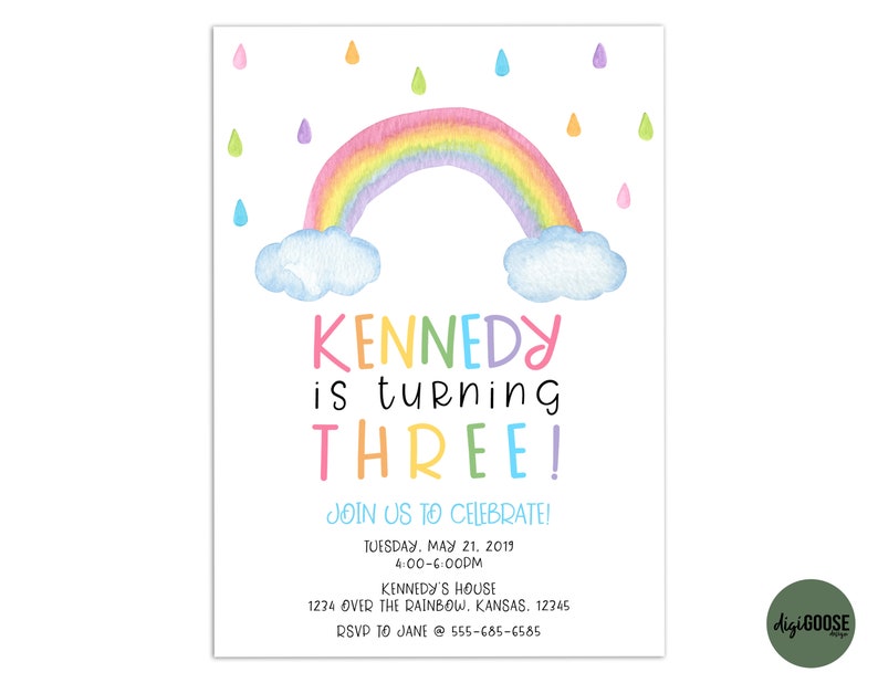 May include: A colorful invitation with a rainbow and clouds. The text reads "KENNEDY is turning THREE! JOIN US TO CELEBRATE! TUESDAY, MAY 21, 2019 4:00-6:00PM KENNEDY'S HOUSE 1234 OVER THE RAINBOW, KANSAS. 12345 RSVD TO JANE @ 555-685-6585"