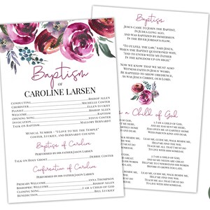 May include: A printable baptism ceremony programme with a watercolour floral design in shades of pink and purple. The programme includes the order of service for the baptism of Caroline Larsen, with space for names of the officiant, choir, pianist, and other participants. The programme also includes a poem about baptism and a prayer for the child.