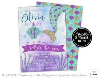 MERMAID INVITATIONS // Mermaid Birthday Invitation // Under the Sea Invitation // Mermaid Birthday Party // Teal // Purple // Gold