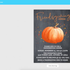 May include: An invitation for a Friendsgiving dinner, featuring a watercolour orange pumpkin against a dark grey backdrop. The text, in a script font, reads "Friendsgiving Dinner", with event details.
