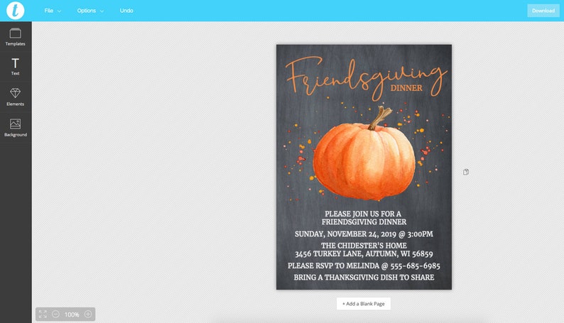 May include: An invitation for a Friendsgiving dinner, featuring a watercolour orange pumpkin against a dark grey backdrop. The text, in a script font, reads "Friendsgiving Dinner", with event details.