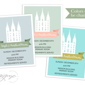 Puede incluir: Tres invitaciones imprimibles para un evento de Previsualización del Templo y el Sacerdocio. Cada invitación presenta una silueta blanca de un templo con una pancarta verde, azul o rosa. El texto en las invitaciones dice "Previsualización del Templo y el Sacerdocio", "Domingo 8 de diciembre", "4:00 PM", "Edificio de la Misión", "Sala Primaria" y "Se sirven refrigerios".