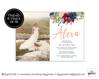 SAME DAY // Baptism invitation // Baptism announcement // LDS baptism // Lds Girl Baptism // Personalized // Printable // Floral // Roses