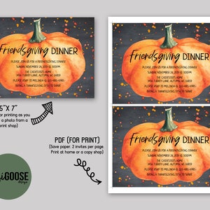 Puede incluir: Invitaci&oacute;n imprimible para una cena de Friendsgiving con una ilustraci&oacute;n de acuarela de una calabaza sobre un fondo de pizarra con confeti dorado y naranja. El texto dice "Friendsgiving Dinner" e incluye la fecha, la hora, la ubicaci&oacute;n y la informaci&oacute;n de RSVP.