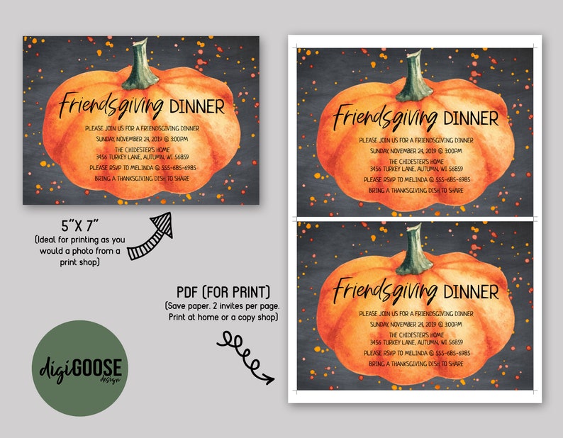 Puede incluir: Invitaci&oacute;n imprimible para una cena de Friendsgiving con una ilustraci&oacute;n de acuarela de una calabaza sobre un fondo de pizarra con confeti dorado y naranja. El texto dice "Friendsgiving Dinner" e incluye la fecha, la hora, la ubicaci&oacute;n y la informaci&oacute;n de RSVP.