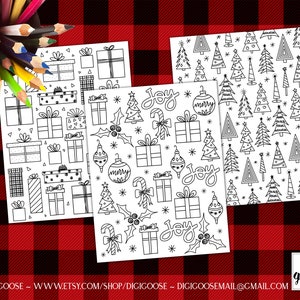 May include: Three black and white Christmas-themed coloring pages with gift boxes, Christmas trees, ornaments, and the word "Joy". A bundle of colored pencils sits in the upper left corner. The background is a red and black plaid pattern.