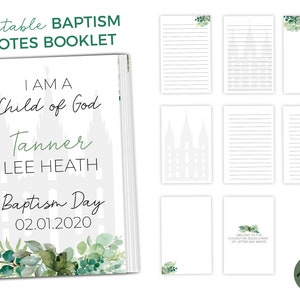 EDITABLE, LDS Baptism Notes Template, Printable Baptism Booklet, Lds girl boy baptism, Lds baptism, DIY, Editable, Greenery, Primary