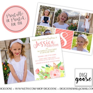 Könnte beinhalten: Eine rosa und weiße Einladung mit einem Blumendesign und einem Foto eines jungen Mädchens in einem weißen Kleid. Die Einladung ist für eine Taufe und enthält den Namen Jessica Sorenson und das Datum Samstag, den 2. Juni um 9:00 Uhr. Die Einladung enthält auch die Adresse Sunset Ridge Stake Center und den Text "Mittagessen im Anschluss bei Jessica."