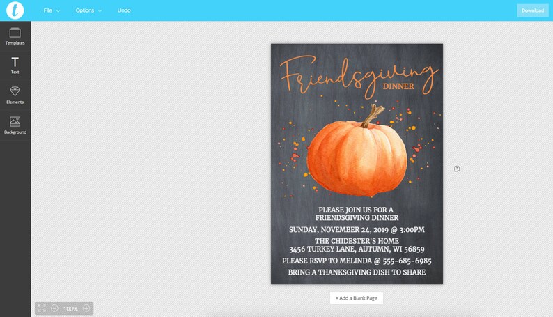 Puede incluir: Una invitaci&oacute;n estilo pizarra con una calabaza de acuarela y el texto "Cena de Acci&oacute;n de Gracias entre amigos". La invitaci&oacute;n incluye detalles para una cena de Acci&oacute;n de Gracias entre amigos el domingo 24 de noviembre de 2019 a las 3:00 PM. La direcci&oacute;n es 3456 Turkey Lane, Autumn, WI 56859. El n&uacute;mero de RSVP es 555-685-6985. La invitaci&oacute;n solicita a los invitados que traigan un plato de Acci&oacute;n de Gracias para compartir.