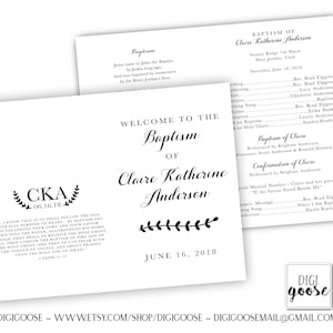 Peut inclure: Un programme de baptême imprimable en noir et blanc pour Claire Katherine Anderson. Le programme comprend la date du baptême, le 16 juin 2018, et les noms de l'officiant, des témoins et des sélections musicales.