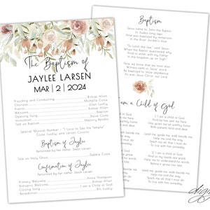 Pode incluir: Um design floral em aquarela rosa claro e verde com o texto "The Baptism of Jaylee Larsen Mar 2 2024" no topo da página. A página também inclui uma lista da ordem do serviço para a cerimônia de batismo.