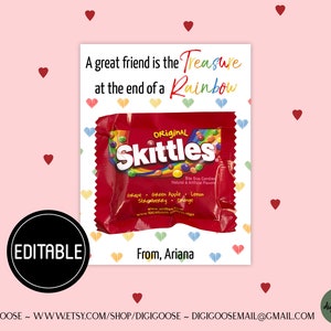 EDITABLE Skittles Valentine Card / Valentine Printable for Kids / Skittles Rainbow Valentine / School Valentine Cards for Kids / Friends