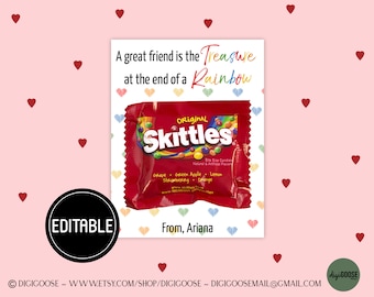 EDITABLE Skittles Valentine Card / Valentine Printable for Kids / Skittles Rainbow Valentine / School Valentine Cards for Kids / Friends