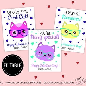 EDITABLE Cat Valentine Card / Valentine Printable for Kids / Kitty Cat/ Valentine / School Valentine Cards for Kids / Friends