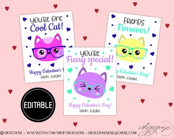 EDITABLE Cat Valentine Card / Valentine Printable for Kids / Kitty Cat/ Valentine / School Valentine Cards for Kids / Friends