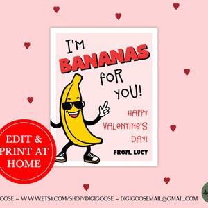 EDITABLE Banana Valentine Card / Valentine Printable for Kids / Valentine / School Valentine Cards for Kids / Friend / Bananas / Valentine's