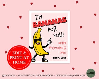 EDITABLE Banana Valentine Card / Valentine Printable for Kids / Valentine / School Valentine Cards for Kids / Friend / Bananas / Valentine's