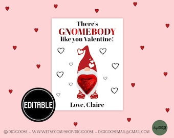 EDITABLE GNOME Valentine Card / Valentine Printable for Kids / Gnome Valentine Card / School Valentine Cards for Kids / Friends / Gnome