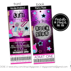 ROCK STAR Rockstar Ticket Birthday Invitation // Custom Digital File // Printable or print for you // Rock Star // Birthday Invitation