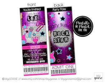 ROCK STAR Rockstar Ticket Birthday Invitation // Custom Digital File // Printable or print for you // Rock Star // Birthday Invitation