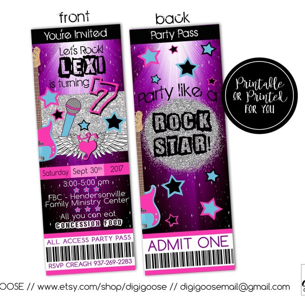 ROCK STAR Rockstar Ticket Birthday Invitation // Custom Digital File // Printable or print for you // Rock Star // Birthday Invitation