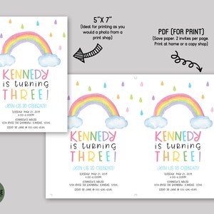 May include: Printable invitation for a 3rd birthday party featuring a rainbow with raindrops and clouds. The invitation says "Kennedy is turning three!" and includes details for the party, including the date, time, location, and RSVP information.