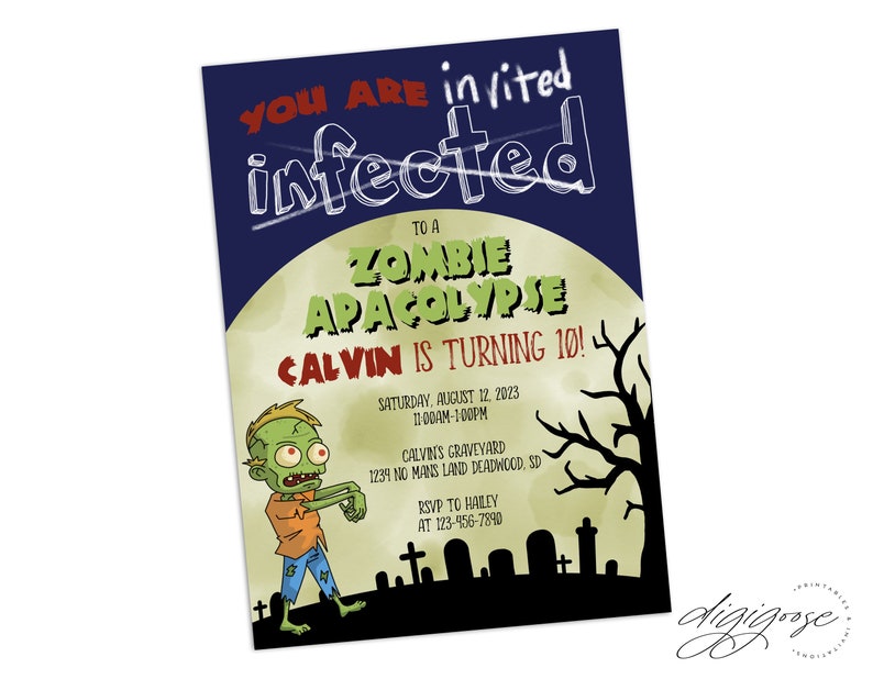 Puede incluir: Una invitaci&oacute;n a una fiesta de apocalipsis zombie azul y verde con un zombie de dibujos animados caminando. La invitaci&oacute;n dice "Est&aacute;s invitado infectado a un apocalipsis zombie Calvin cumple 10!" con detalles para la fiesta.