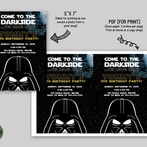 May include: Printable invitation for a 5th birthday party with a Star Wars theme. The invitation features a black and white illustration of Darth Vader and the text "Come to the Darkside...We Have Cake! Tommy's 5th Birthday Party!"