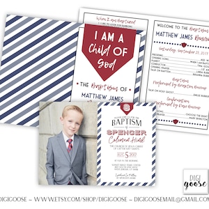 May include: A blue and white striped background with a red and white banner that says "I am a child of God." The banner is in the shape of a heart. The text "The Baptism of Matthew James" is below the banner. There is a smaller red and white banner that says "Please Join us for the Baptism of Spencer Coleman Hind." The text below the banner says "The Church of Jesus Christ of Latter-day Saints, Aug 5, 2017, at 9:20 in the morning, Santee Ridge Stake Center, 807 South 1300 West, West Jordan, UT 84088." There is a photo of a young boy in a suit.