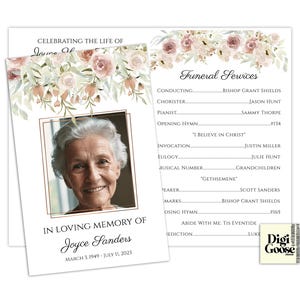 May include: A funeral service program with a floral design in shades of pink and white. The program includes the name Joyce Sanders and the dates March 3, 1949 - July 11, 2023. The program also lists the names of the officiant, choir director, pianist, and other participants in the service.