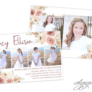 Könnte beinhalten: Eine Taufeinladung mit einem floralen Design in Rosa- und Pfirsichtönen. Die Einladung enthält eine Fotocollage eines jungen Mädchens in einem weißen Kleid und den Text "Lucy Ellison" in einer kursiv geschriebenen Schrift. Der Text enthält auch das Datum, die Uhrzeit und den Ort der Taufe sowie die RSVP-Informationen.