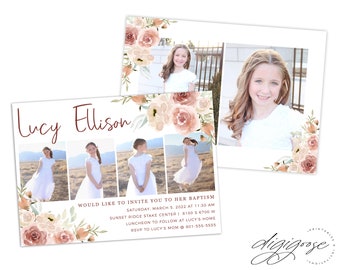 SAME DAY // Baptism invitation // announcement // Lds Girl Baptism // Personalized // Printable // Floral // Popular // 4-6 pictures