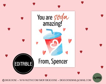 EDITABLE SODA Valentine Card / Valentine Printable for Kids / Soda Valentine's / School Valentine Cards for Kids / Friends / Soda Valentine
