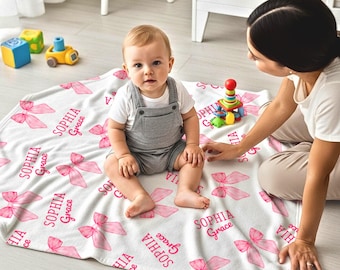 Personalized Pink Bow Baby Blanket, Custom Name, Coquette Gift