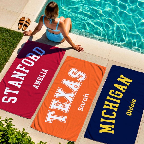 Personalized College Beach Towel, Custom Beach Towel, School Spirit Custom Name Towel, College Gift, College Graduation, Graduation Gift