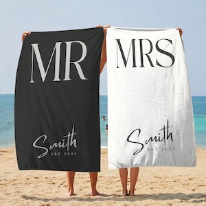 Custom Couple Beach Towel, Personalized Mr. and Mrs. Beach Towel, Honeymoon Present For Newlywed, Bridal Shower Gift, Custom Honeymoon Towel