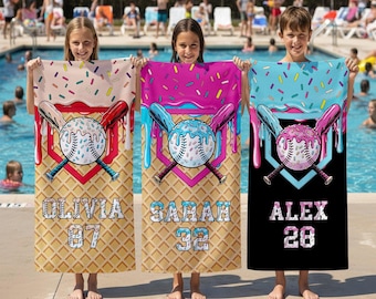 Custom Baseball Drip Beach Towel, Personalized Ice Cream Drip Baseball Beach Towel, Baseball Ice Cream Drip